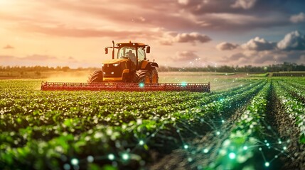 Photograph of a Smart Farm Utilizing Advanced IoT Enabled Machinery to Plow the Lush Countryside Fields Efficiently and Precisely for Optimal Agricultural Productivity