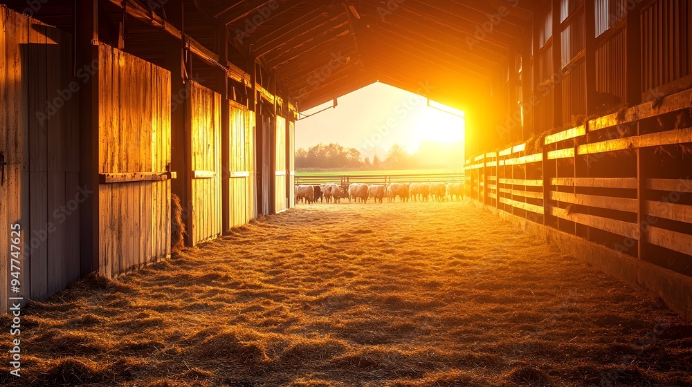 Poster a photograph of a modern and technologically advanced barn equipped with iot sensors and systems for