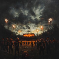 Obraz premium Pumpkin headed football players spectral cheerleaders and a cursed gridiron field under ominous