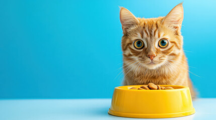 Cat and food bowl on clean background with space for text or graphic design.