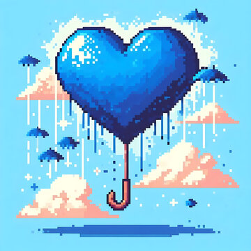 A blue pixel art heart hanging as an umbrella .
