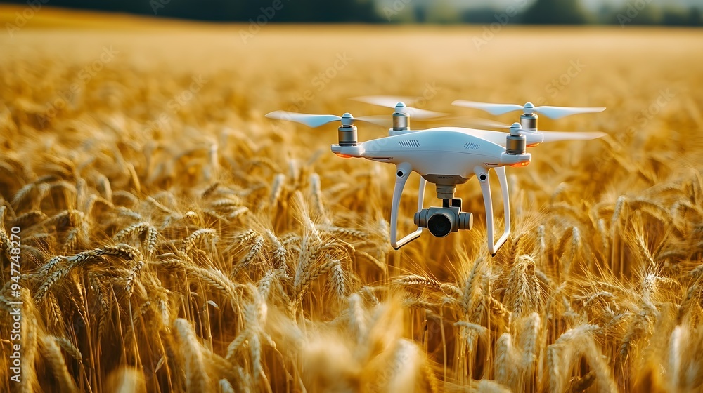 Aufkleber a photograph of an iot connected drone scanning a lush wheat field to gather data for precision crop