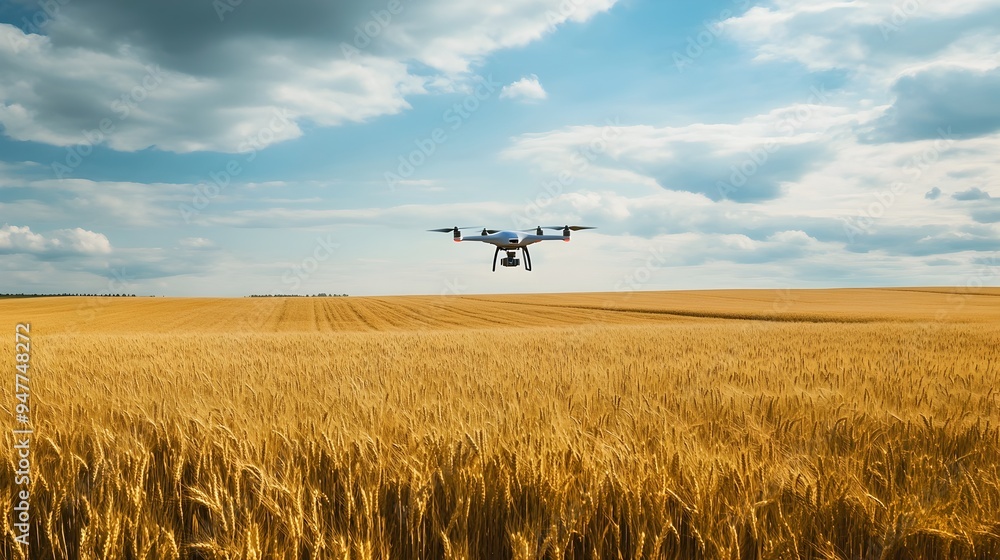 Poster aerial image of iot powered drone scanning a wheat field to gather crop health data and analytics fo