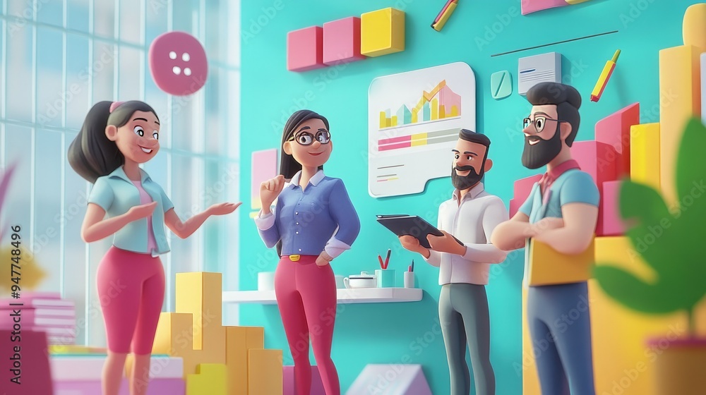 Poster illustrative 3d cartoon image of a business team, featuring professionals collaborating on a project