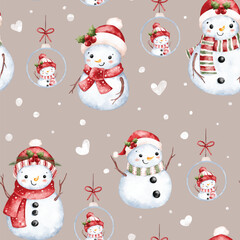 Watercolor Illustration Snowman Seamless Pattern