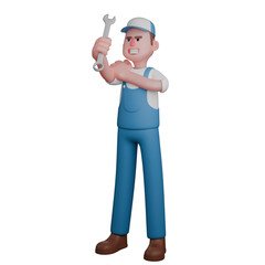 Male Mechanic with Tools.  A mechanic with a serious expression, wearing a blue uniform, holding a wrench with determination. 3D Illustration