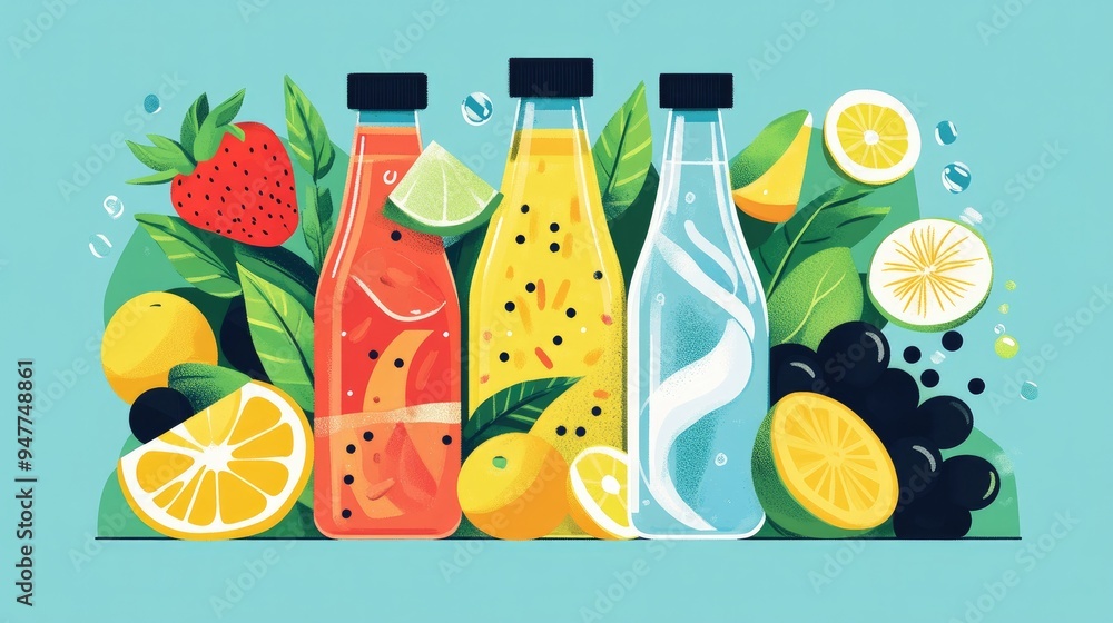 Poster infographic series on nutrition and hydration, featuring vibrant graphics and statistics that emphas