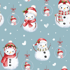 Watercolor Illustration Snowman Seamless Pattern