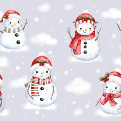 Watercolor Illustration Snowman Seamless Pattern