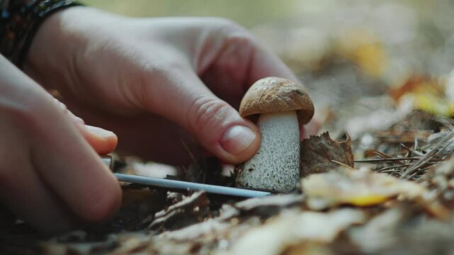 Hands of female mushroom picker cutting bolete mushroom with knife in autumn forest. Close-up view