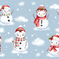 Watercolor Illustration Snowman Seamless Pattern