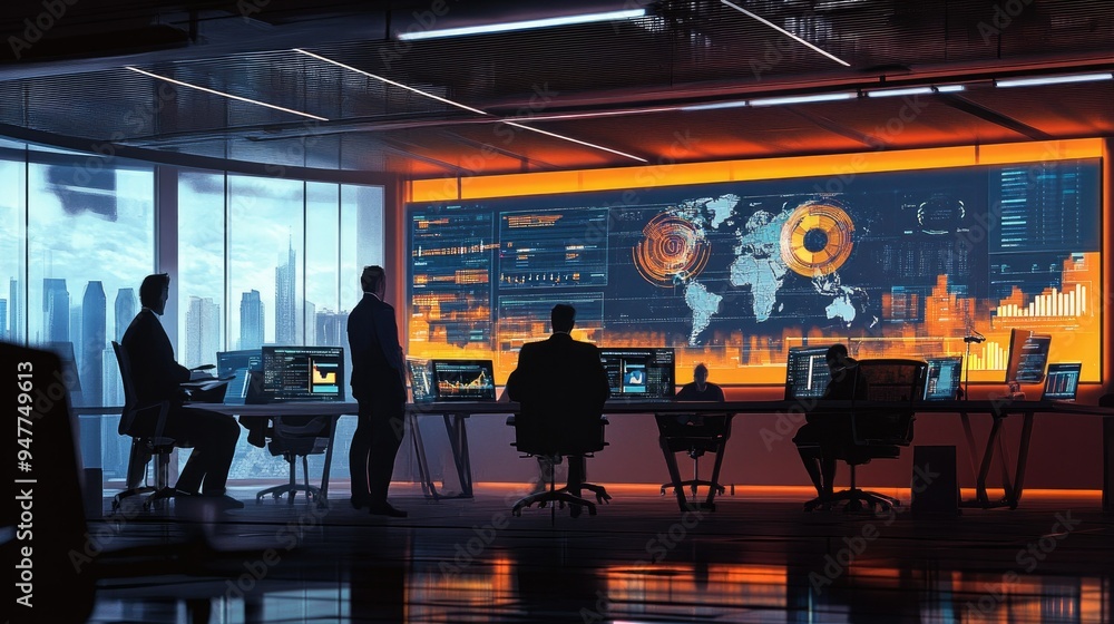 Poster modern office setting, where data is being classified and categorized on a large digital screen for 