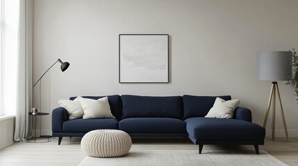 Modern Scandinavian interior, showcasing a dark blue corner sofa with two cozy knitted poufs, complemented by neutral walls and a clean, minimalist aesthetic.