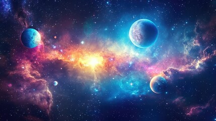 Majestic view of the Milky Way galaxy with vibrant colors, distant nebulae, and numerous planets, floating in the cosmic vastness, creating a stunning space landscape