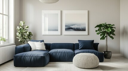 Fototapeta premium Modern Scandinavian interior, showcasing a dark blue corner sofa with two cozy knitted poufs, complemented by neutral walls and a clean, minimalist aesthetic.