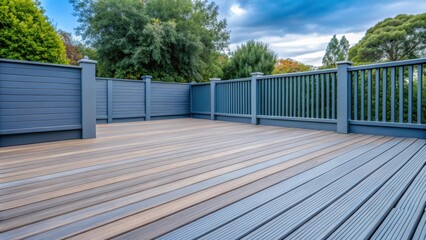 Newly constructed composite decking and fencing in ash blue gray , composite, decking, fencing, ash, blue, gray