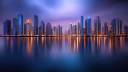 Fototapeta premium Marina Evening Glow: Captivating long exposure shot of Dubai Marina at night, highlighting the stunning reflections of city lights on the water.