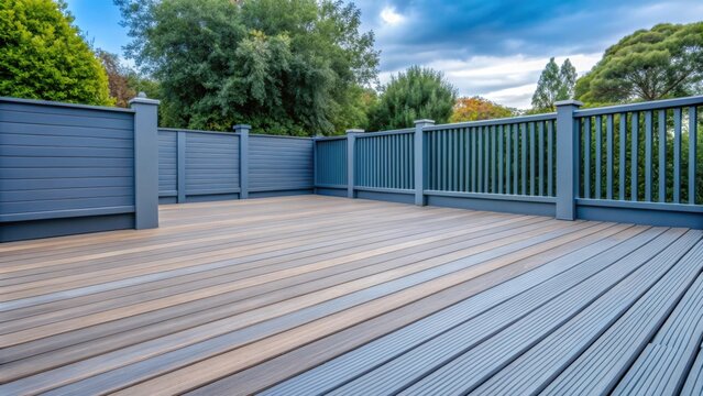 Newly constructed composite decking and fencing in ash blue gray , composite, decking, fencing, ash, blue, gray