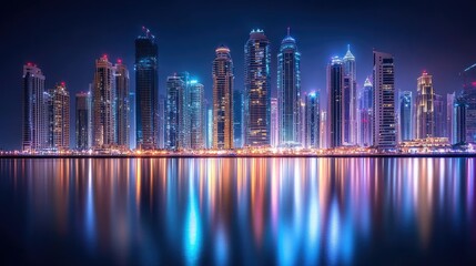 Fototapeta premium Marina Evening Reflections: Long exposure of Dubai Marina at night, featuring the shimmering light reflections on the water from the iconic skyscrapers.
