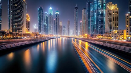 Fototapeta premium Marina Light Trails: A beautiful long exposure shot of Dubai Marina at night, showcasing the light trails and reflections on the water from the towering buildings.