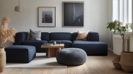 Scandinavian living room design, featuring two knitted poufs next to a dark blue corner sofa, with light wood floors and minimal decor.