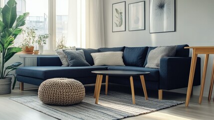 Scandinavian-inspired interior, showing a dark blue corner sofa with two knitted poufs, complemented by light-colored walls and minimalist furnishings.