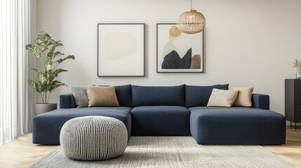 Scandinavian-inspired interior, showing a dark blue corner sofa with two knitted poufs, complemented by light-colored walls and minimalist furnishings.