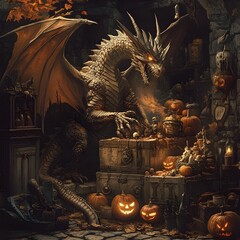 A Fierce Dragon Guarding a Hoard of Enchanted Halloween Treasures in Dieselpunk Inspired Realism