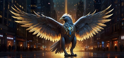 Luminous Griffin Soaring, Metallic Silver and Gold Trails