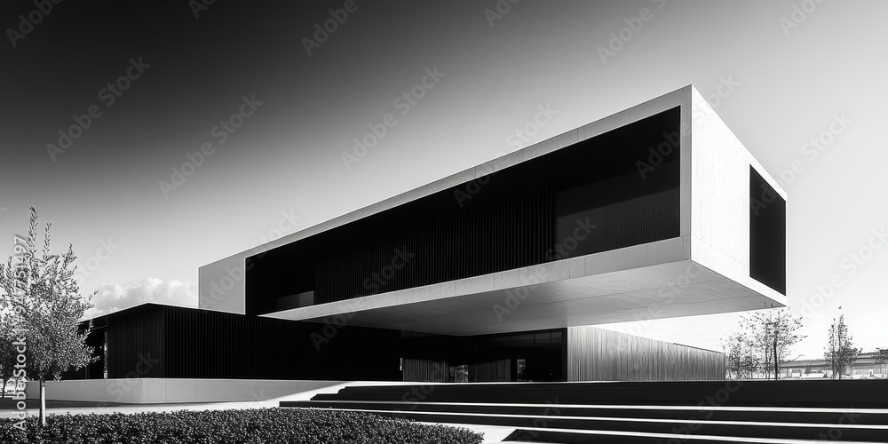 Poster modern building with overhang and steps.