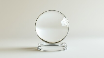 Minimalist 3D illustration of a clear glass sphere and circular base, isolated on a white background with copy space.