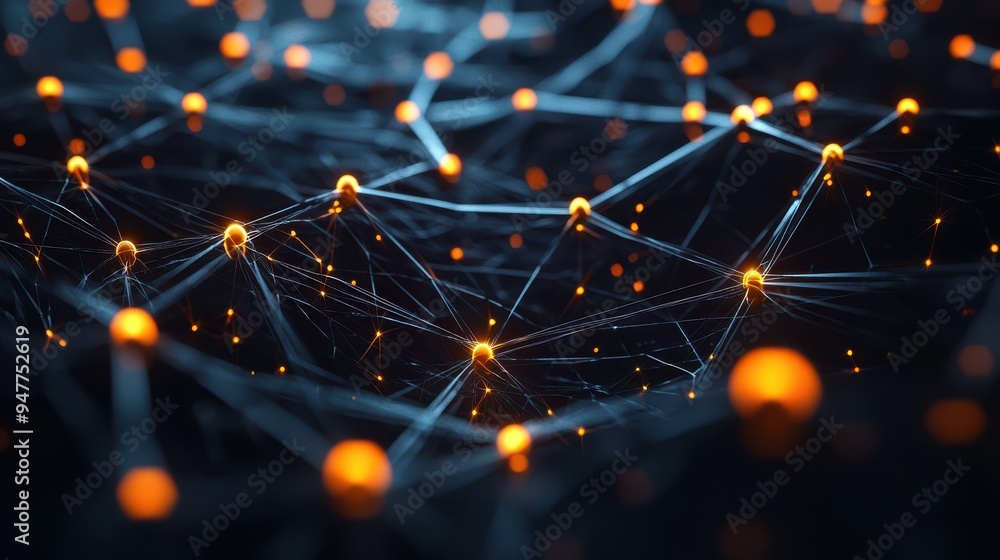 Poster A dynamic digital network with glowing orange nodes interconnected by lines, depicting a complex web of data and communication.
