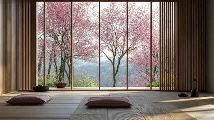 Minimalist Japanese interior with tatami mats, shoji screens, and sakura trees visible through large windows. Perfect for branding presentations in a natural setting. 3D render.