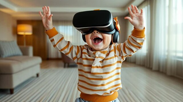 A young child joyfully engages with virtual reality technology at home, wearing a headset and headphones, showing pure excitement and fun while exploring a digital world.