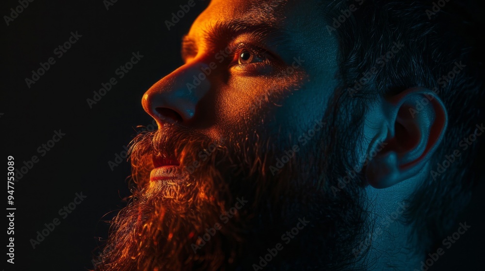 Poster a man with a beard and a serious expression