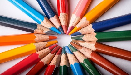 Close-up of colorful pencils arranged in a circle