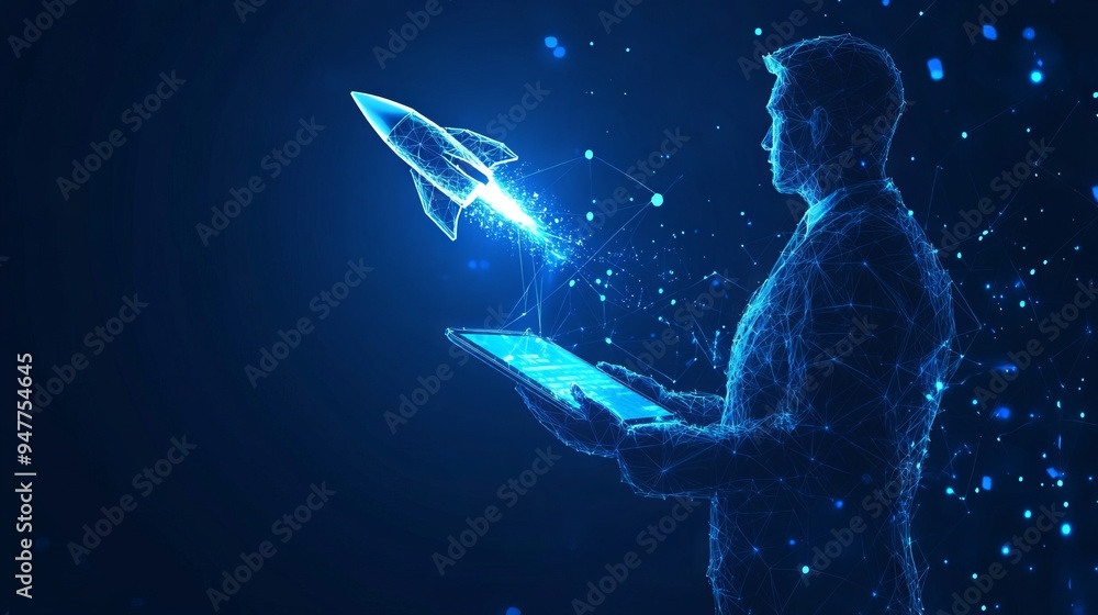 Aufkleber an abstract businessman is holding a tablet with rocket launching a hologram. digital boosting or st
