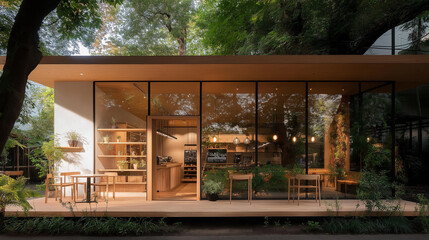 Obraz premium A photo of the front view of an elegant and cozy small coffee shop with large windows, wooden floor and white walls in its garden surrounded by trees and plants.