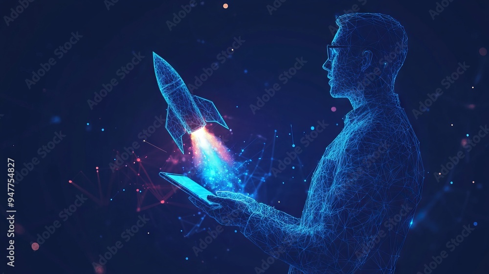 Aufkleber an abstract businessman is holding a tablet with rocket launching a hologram. digital boosting or st