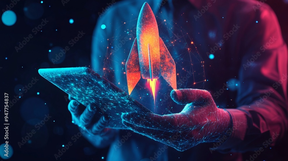 Poster an abstract businessman is holding a tablet with rocket launching a hologram. digital boosting or st