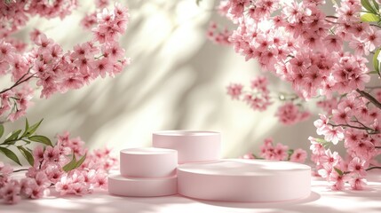 Natural beauty podium set under sakura cherry blossoms, with soft sunlight filtering through the branches. A perfect spring backdrop for elegant product displays.