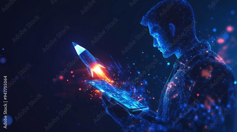 Aufkleber an abstract businessman is holding a tablet with rocket launching a hologram. digital boosting or st
