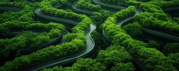 Winding green pathways integrated among lush trees, highlighting sustainable urban design and eco-friendly landscaping.