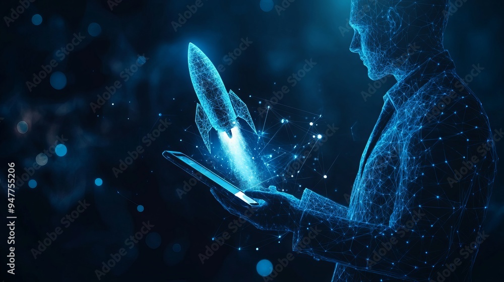 Aufkleber an abstract businessman is holding a tablet with rocket launching a hologram. digital boosting or st