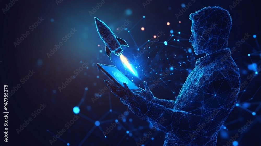 Aufkleber an abstract businessman is holding a tablet with rocket launching a hologram. digital boosting or st