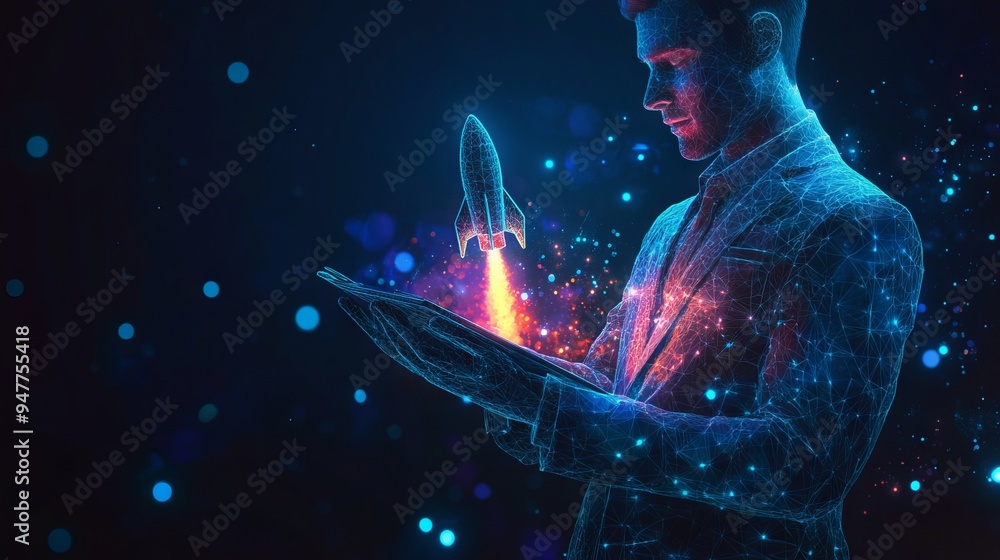 Poster an abstract businessman is holding a tablet with rocket launching a hologram. digital boosting or st