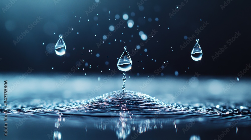 Poster a close up shot of water droplets cascading down a smooth, wet surface, creating a mesmerizing flow 