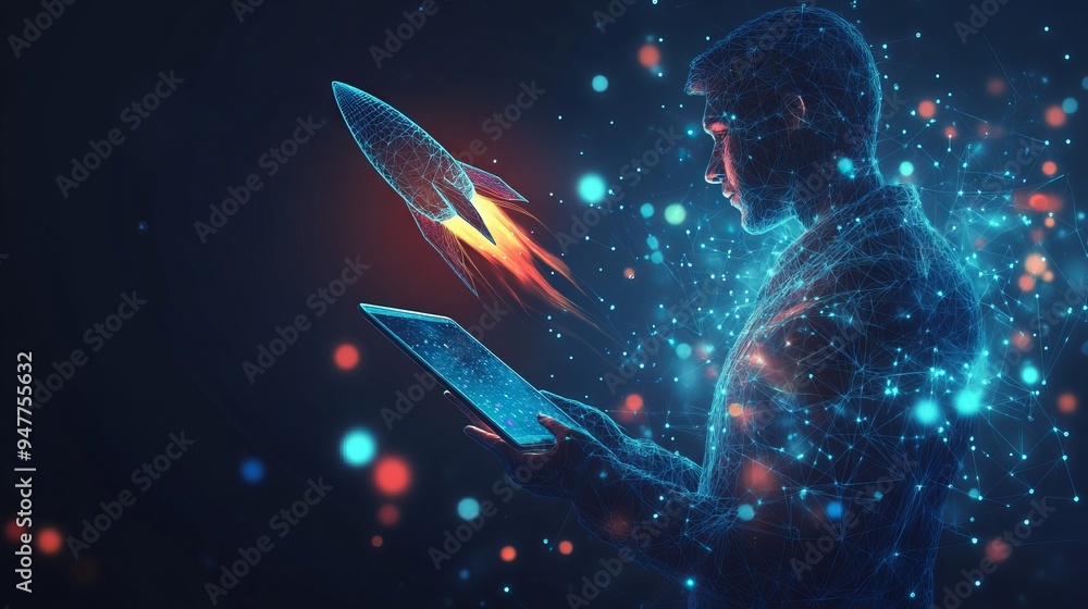 Poster an abstract businessman is holding a tablet with rocket launching a hologram. digital boosting or st