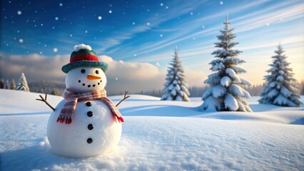 Fototapeta premium Snowman standing in a snowy landscape, winter, holiday, festive, snow, cold, cute, traditional, decoration, carrot nose