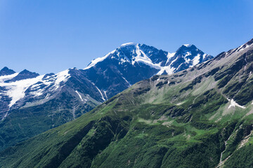mountain landscape, slope with wooded slopes and snowy peaks in the distance